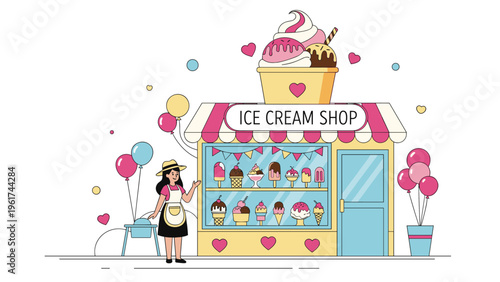Cheerful ice cream shop scene with a server standing outside a colorful storefront decorated with hearts, balloons, and sweet treats.