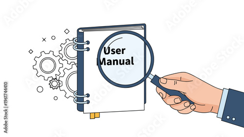 Hand holding a magnifying glass focuses on a user manual to understand complex instructions and technical mechanical processes with gears.