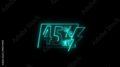 Neon sale sign 45 percent off discount promotion retail store advertising glowing text on black background.