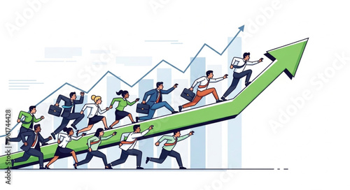 Business Professionals Riding Arrow Upward - Growth and Success.