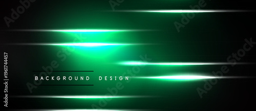 Dark background features vibrant green glowing lines. Horizontal layers create futuristic visual effect. Minimalist design emphasizes light intensity.