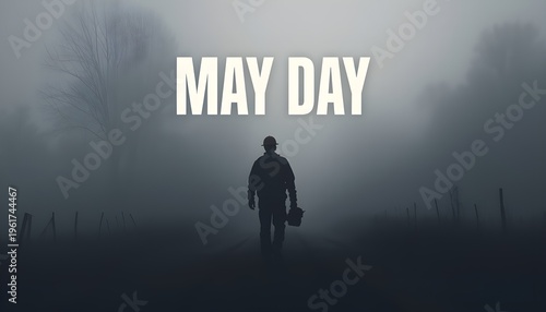 A man walks alone in a foggy landscape with a suitcase, symbolizing a journey or escape on a mysterious day.