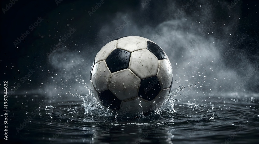 Fototapeta premium Soccer ball with water mist and spray creating soft fresh football concept.