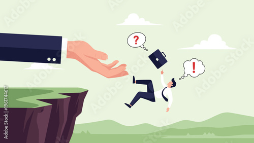 Giant hand reaches out to save a businessman who is falling off a steep cliff, representing a timely rescue or financial bailout help.