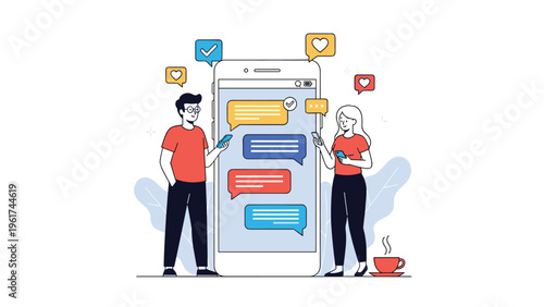 Young man and woman engage in digital communication by sending messages and likes through a giant smartphone interface in the center.