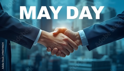 Two businessmen shaking hands on May Day with a cityscape in the background