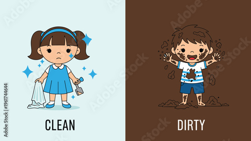 Educational illustration contrasts a clean girl holding a towel with a dirty boy covered in mud to teach children about hygiene.