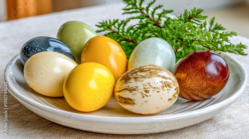 Colorful eggs arranged beautifully on a white plate with a touch of greenery, showcasing the joy of springtime and the creativity of Easter decorations