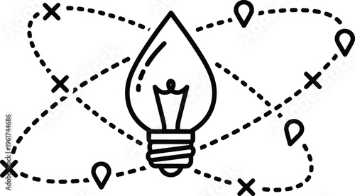 A simple line drawing of a light bulb with electrons orbiting around it in a scientific illustration style