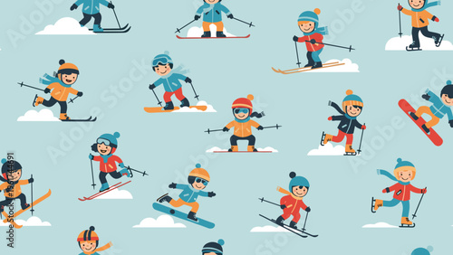 Fun winter pattern showcases various children enjoying outdoor sports like skiing and snowboarding on a snowy blue background for kids.