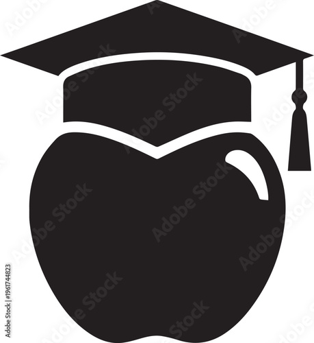 Graduation cap on apple vector silhouette illustration representing education and teaching concept