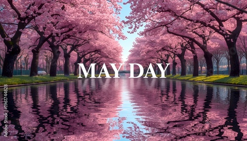 A serene landscape of cherry blossom trees lining a reflective pool on a May Day