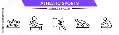 Athletic Sports Icons vector illustration with thin line contains a medal, football, basketball, cycling, athlete, racket, table tennis, sparing, cardio, gym, weight training, golf, volleyball