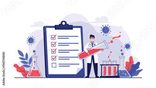 Medical researcher stands next to a giant checklist and test tubes while conducting important blood tests and virus research experiments.