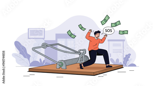 Businessman finds himself trapped in a giant mousetrap while chasing falling money, representing a financial trap or risky business deal.