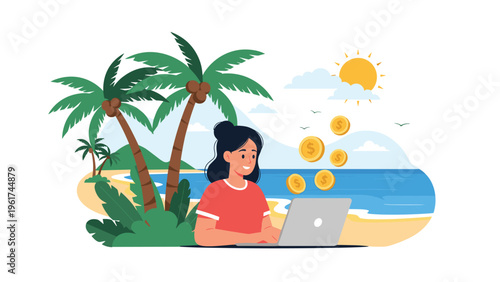 Female entrepreneur works remotely on her laptop at a beautiful tropical beach while enjoying financial success and flying gold coins.