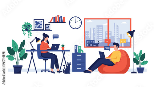 Professional team works in a cozy modern office with one person at a desk and another on a bean bag chair accompanied by a pet cat.