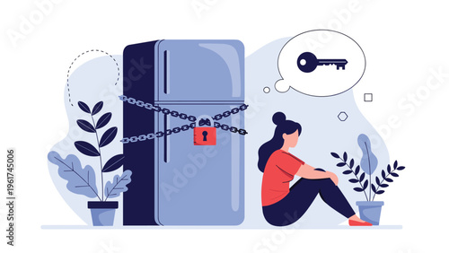 Woman sits sadly next to a refrigerator that is locked with a heavy chain and padlock, representing a strict diet or food scarcity.