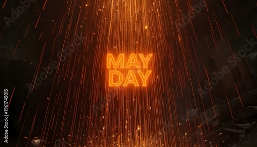 A vibrant neon sign reading May Day shines brightly in a dark background with streaks of light