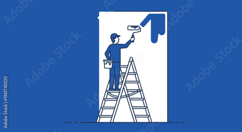 Man on ladder painting wall blue.
