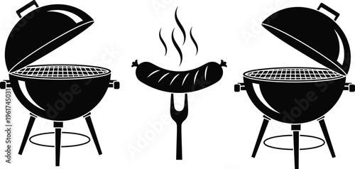 Barbecue grill icons set, sausage fork steam, outdoor cooking silhouette, summer picnic party symbol, food grilling design illustration