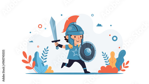 Brave little boy runs through a colorful garden while dressed as a Roman soldier with a blue helmet, a sword, and a wooden shield.