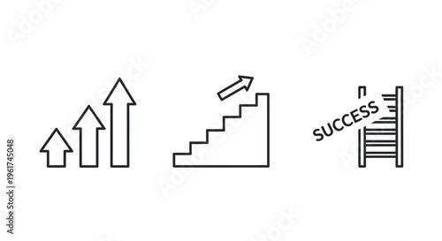 Black line art success stairs icons.