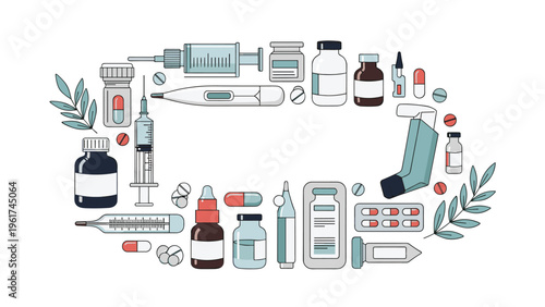 Various medical items including pills, syringes, thermometers, and inhalers are arranged in a circular frame representing healthcare.
