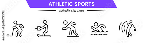 Athletic Sports Icons vector illustration with thin line contains a medal, football, basketball, cycling, athlete, racket, table tennis, sparing, cardio, gym, weight training, golf, volleyball