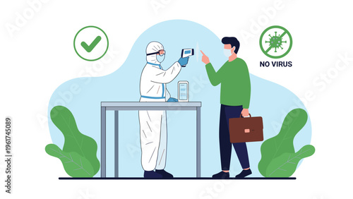 Health worker in a full hazmat suit uses an infrared thermometer to check the temperature of a man wearing a face mask at a security point.