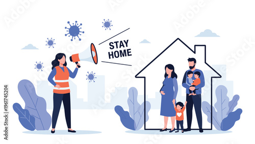 Public health worker uses a megaphone to announce stay home orders to a family inside their house while viruses float in the surrounding air.