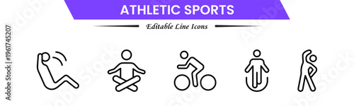 Athletic Sports Icons vector illustration with thin line contains a medal, football, basketball, cycling, athlete, racket, table tennis, sparing, cardio, gym, weight training, golf, volleyball