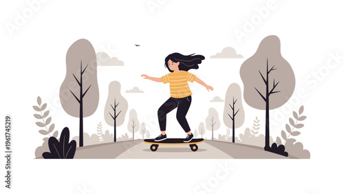 Young woman enjoys a peaceful day outdoors by skateboarding along a path through a park filled with stylish trees and soft autumn colors.