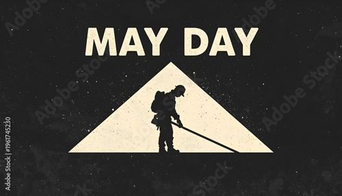 A graphic illustration of a worker on May Day with a silhouette of a person in front of a triangle