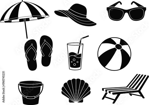 Beach vacation icons set, umbrella hat sunglasses flip flops, drink beach ball seashell bucket chair, summer holiday leisure design