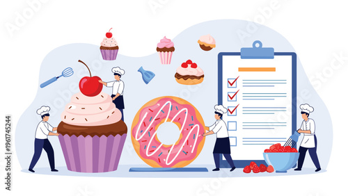 Tiny chefs decorating large cupcake and donut while checking tasks on clipboard represents pastry shop workflow and teamwork in commercial bakery.