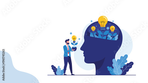 Creative man plants a glowing light bulb into a giant human head to symbolize the growth of new ideas, inspiration, and intellectual development.