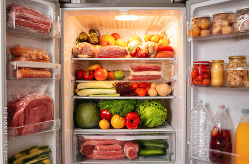 Fully Stocked Refrigerator with Fresh Vegetables, Meats, and Healthy Grocery Items