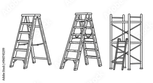 Three metal step ladders standing upright.