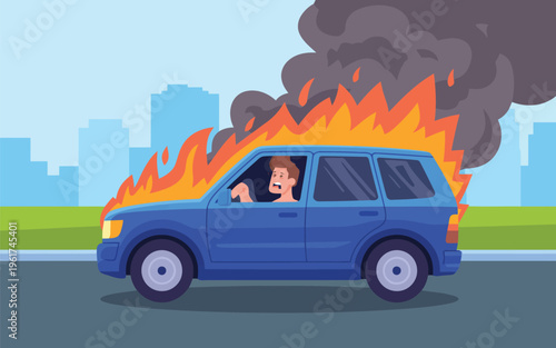A blue SUV is burning intensely with dark smoke billowing from the engine while the driver is frightened