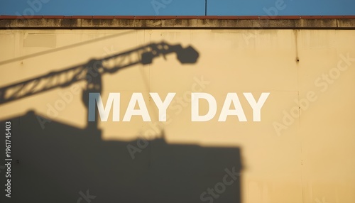 A shadow of a crane on a yellow wall with the words May Day written in white letters
