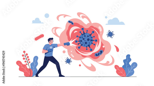 Determined athlete wearing boxing gloves punches giant blue virus cell representing strong immune system and battle against infectious diseases.