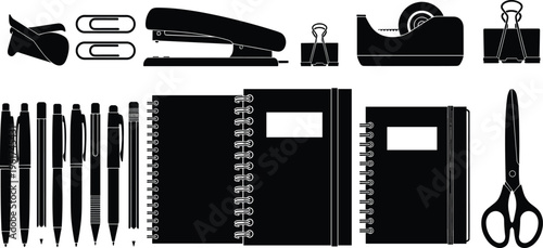 Black office supplies silhouette set featuring stapler, scissors, pens, pencils, spiral notebooks, tape dispenser, paper clips, binder clips, and stationery tools.