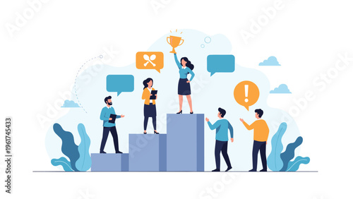 Successful business woman stands on top of victory podium holding gold trophy cup while colleagues celebrate her professional achievement and growth.