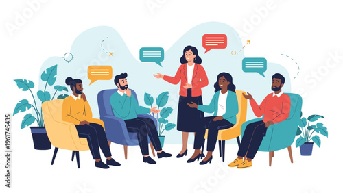 Group of diverse people sitting in circle during therapy session or community meeting discussing problems and sharing support in a comfortable room.