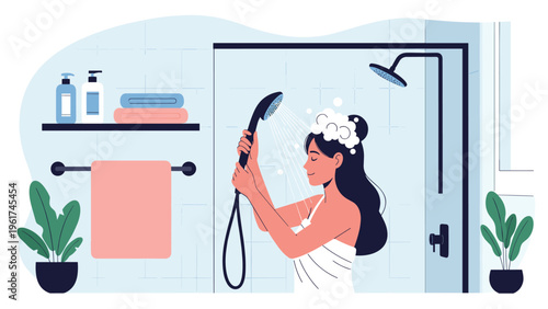 Young woman with long dark hair enjoys refreshing morning shower in modern bathroom with white tiles green plants and personal care products on shelf.