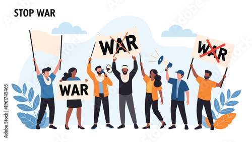 Diverse group of people holding protest signs with stop war slogans and megaphones demonstrating for peace and social justice in public city space.