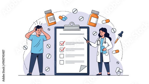 Stressed male patient holds head while female doctor in white coat reviews medical checklist surrounded by various pills and medicine bottles icon.