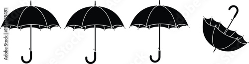 Black Umbrella Silhouette Set Featuring Open and Tilted Parasols for Rain Protection, Weather Forecast Graphics, Autumn Season Design, and Accessory Icons