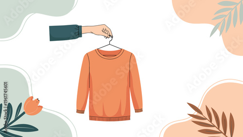 Hand reaching out to hold orange knitted sweater on hanger against abstract background with floral elements for fashion retail and clothing choice.